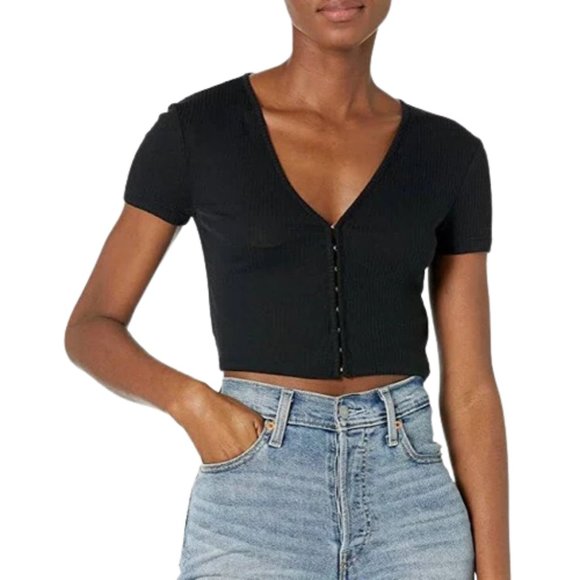 French Connection Sheila Jersey Hook and Eye Cropped Top Shirt, Black- SM - Picture 1 of 2
